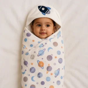 Baby Hooded Blanket Rocket White & Blue - Sunshine