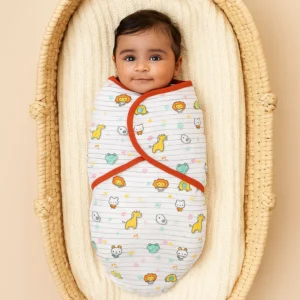 Baby Adjustable White Swaddle Stripes Animals - Sunshine